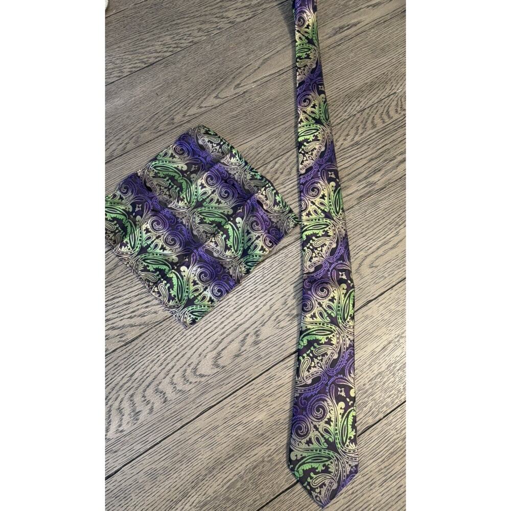Classic Paisley Green Gold Purple JACQUARD WOVEN 100% Silk Tie Necktie & Hanky